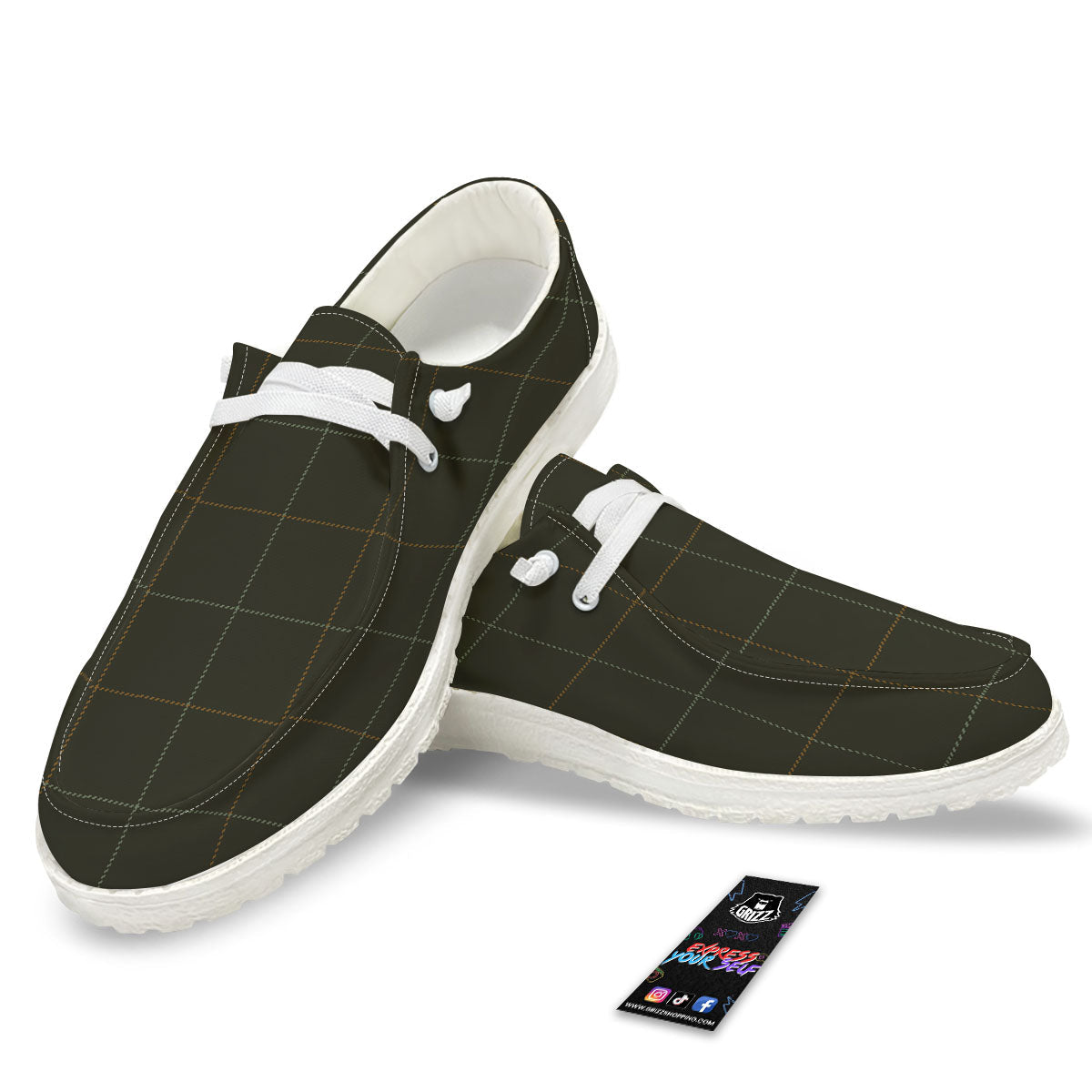 Dark Green Tattersall Print Pattern Black Loafers-grizzshop