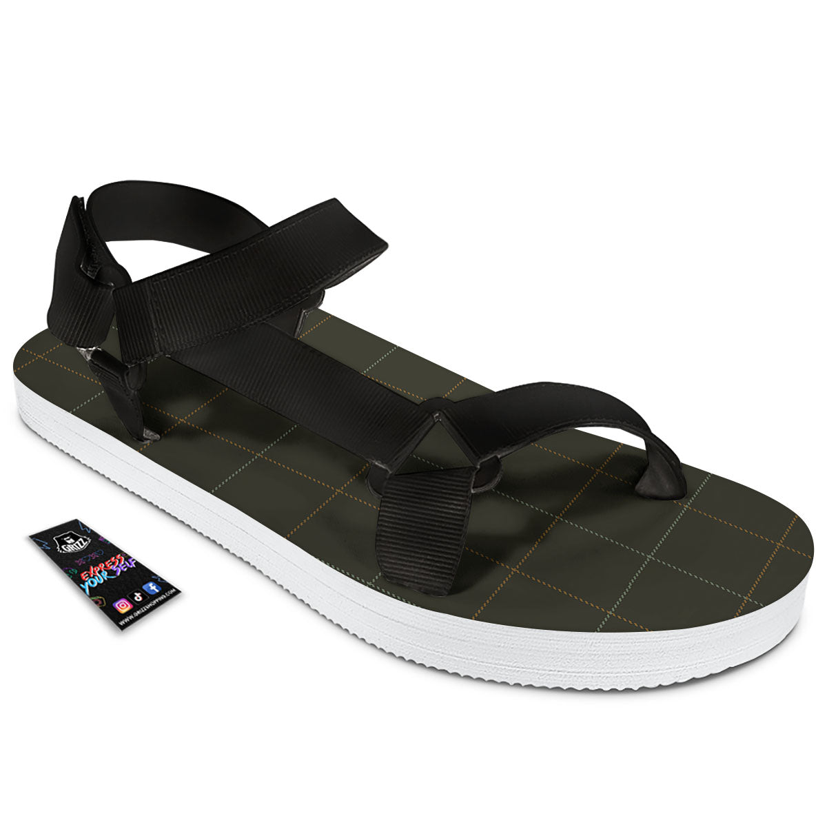 Dark Green Tattersall Print Pattern Black Open Toe Sandals-grizzshop