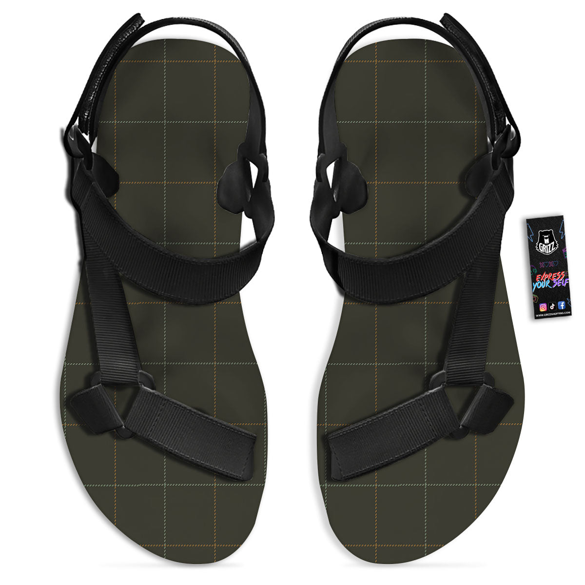 Dark Green Tattersall Print Pattern Black Open Toe Sandals-grizzshop
