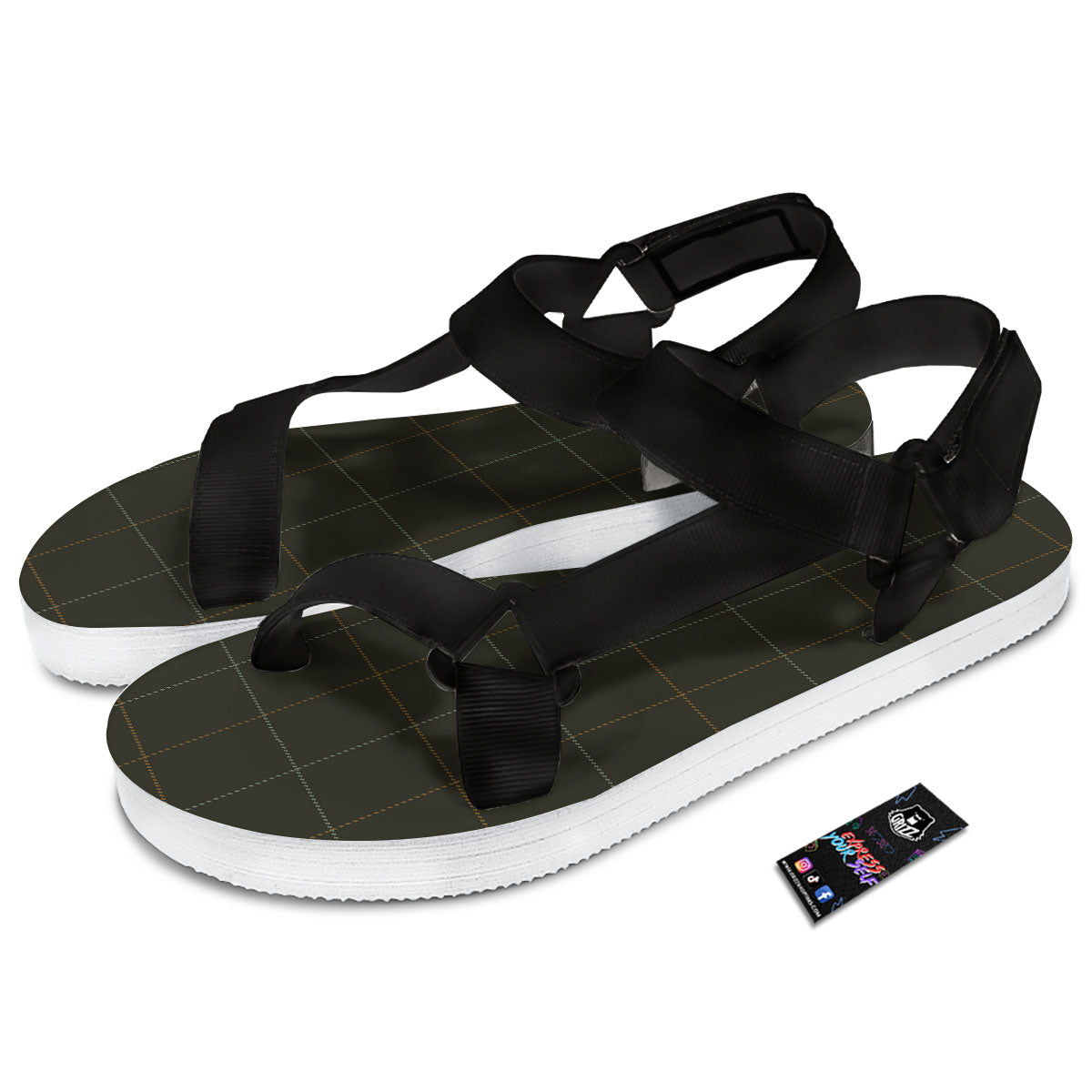 Dark Green Tattersall Print Pattern Black Open Toe Sandals-grizzshop