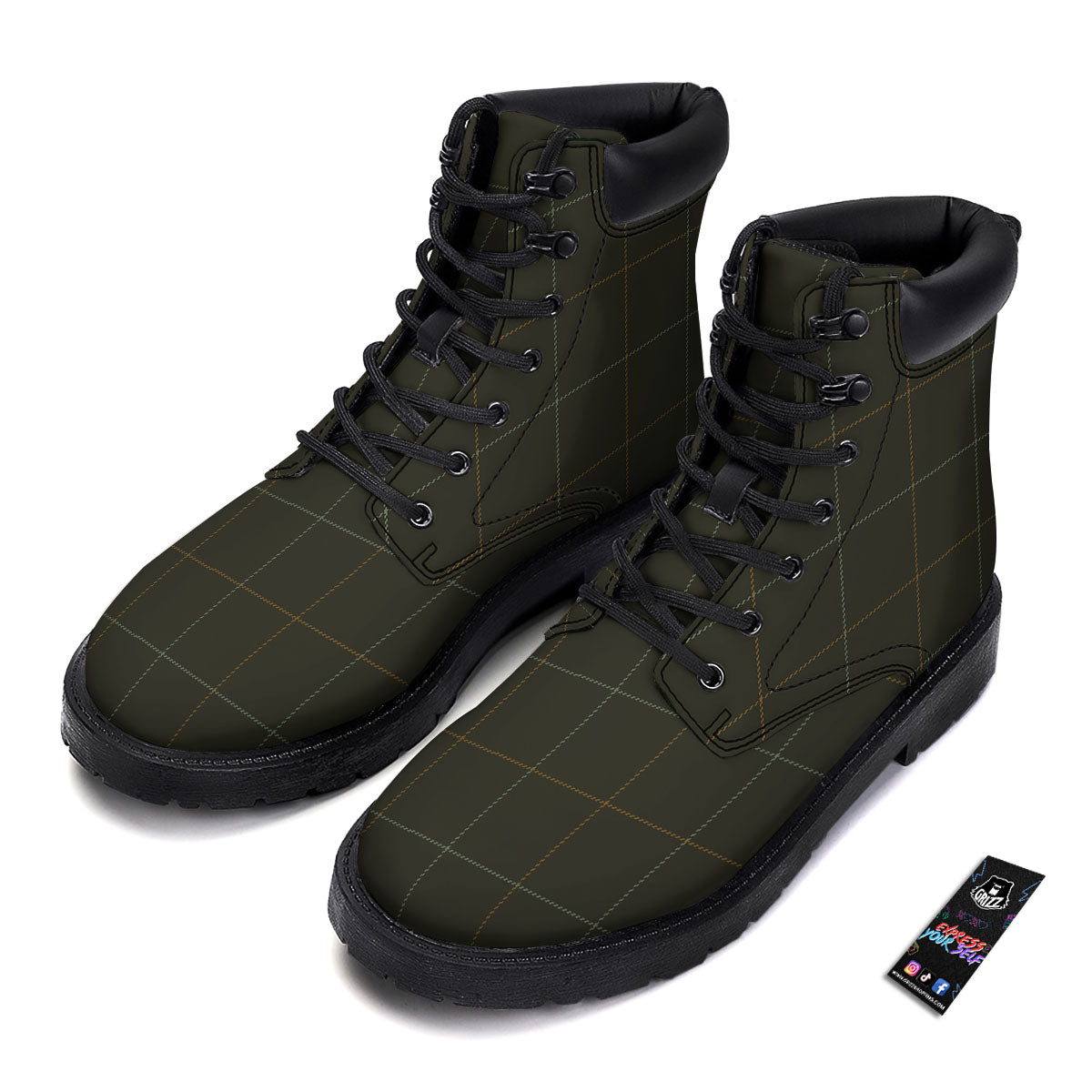 Dark Green Tattersall Print Pattern Boots-grizzshop
