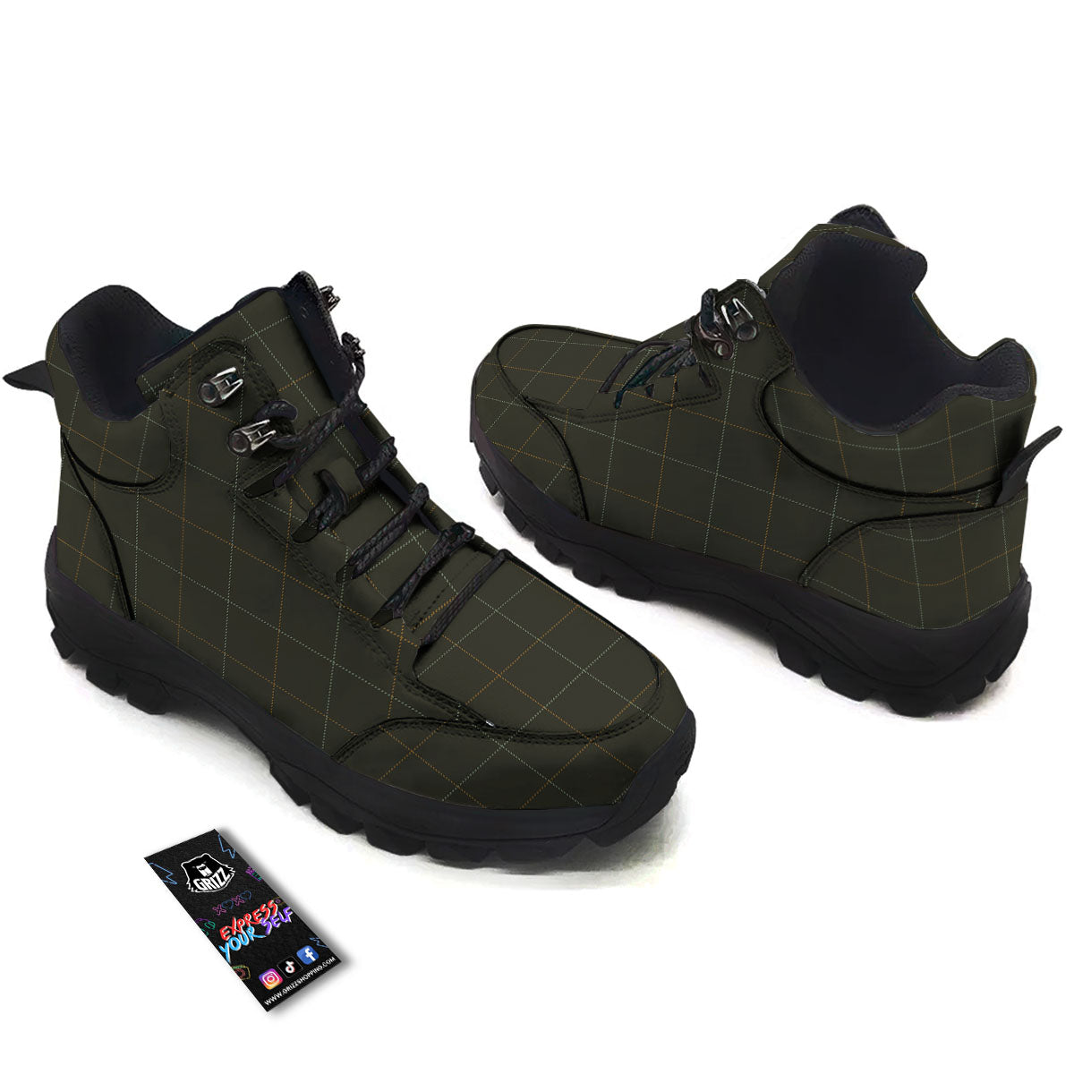 Dark Green Tattersall Print Pattern Hiking Shoes-grizzshop
