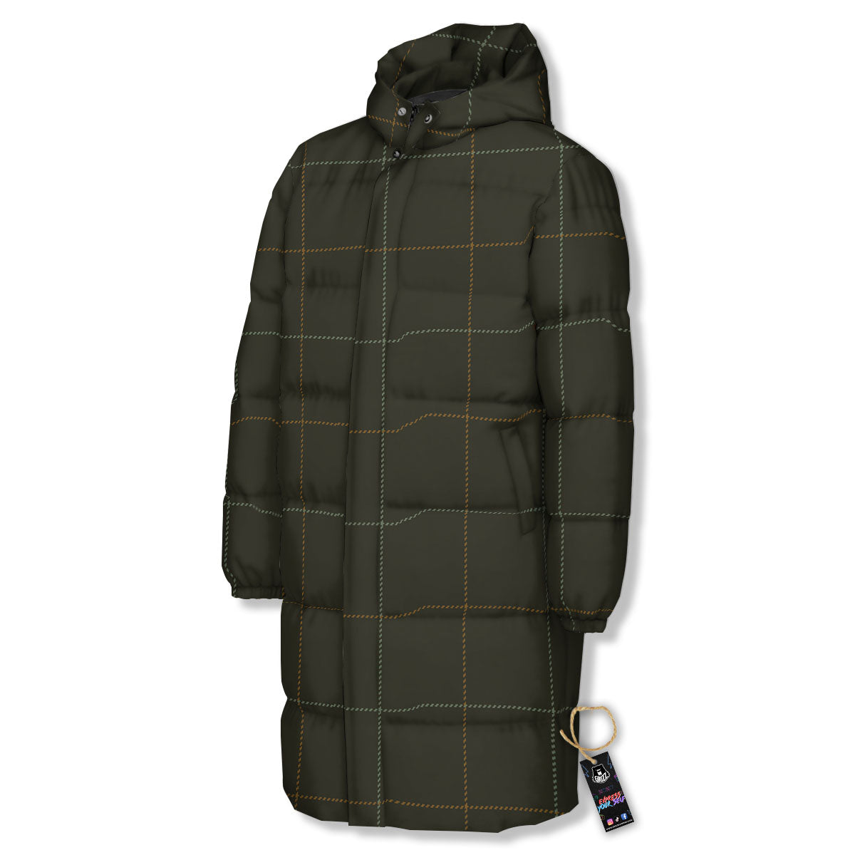Dark Green Tattersall Print Pattern Long Down Jacket-grizzshop