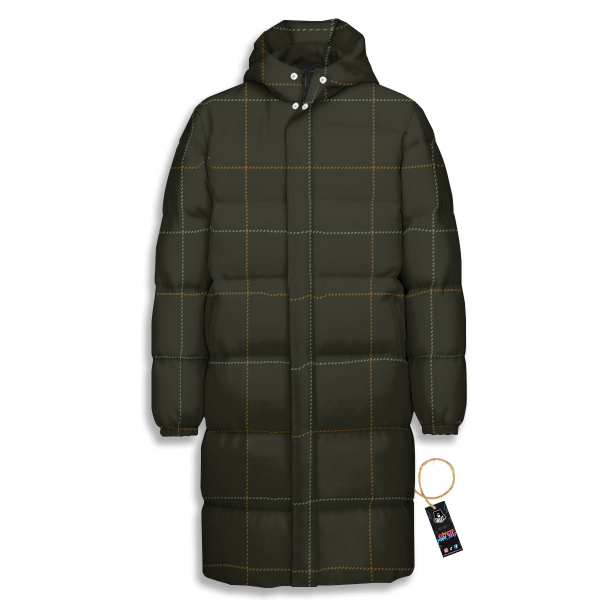 Dark Green Tattersall Print Pattern Long Down Jacket-grizzshop