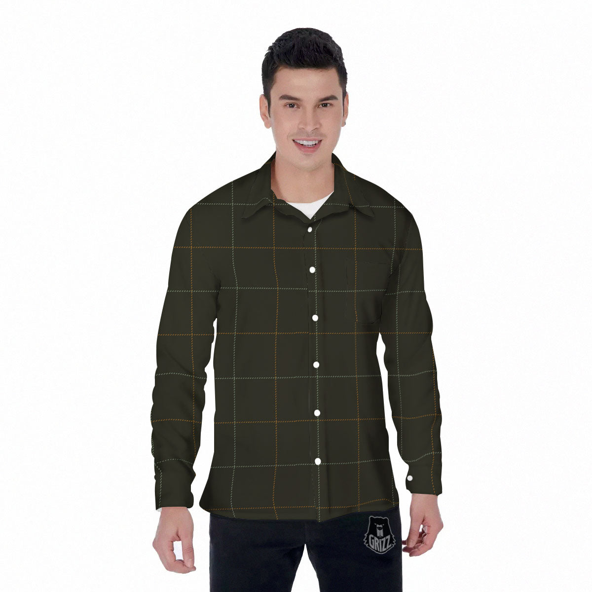Dark Green Tattersall Print Pattern Men's Long Sleeve Shirts-grizzshop