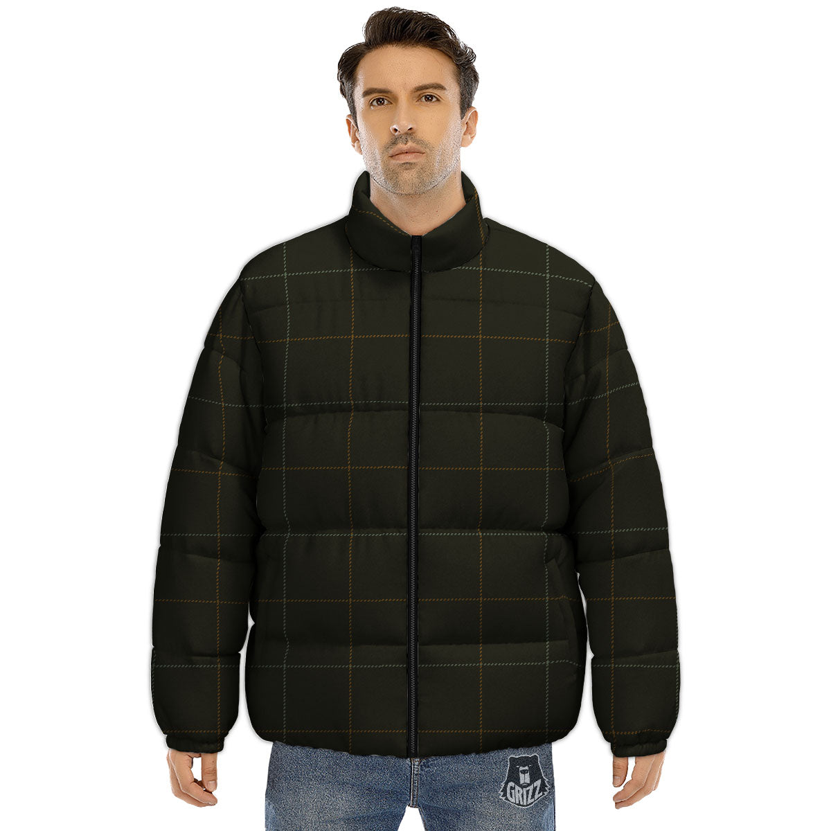 Dark Green Tattersall Print Pattern Puffer Jacket-grizzshop