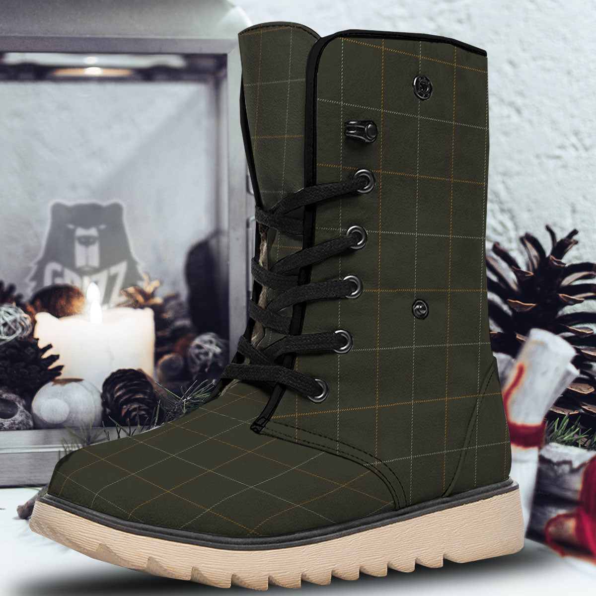 Dark Green Tattersall Print Pattern Snow Boots-grizzshop