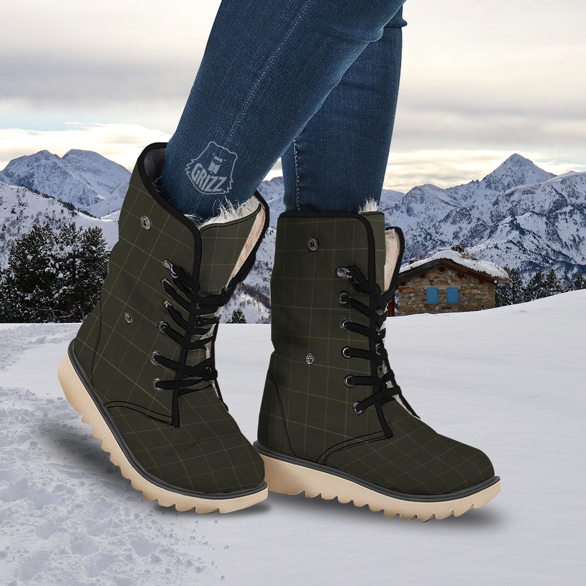 Dark Green Tattersall Print Pattern Snow Boots-grizzshop