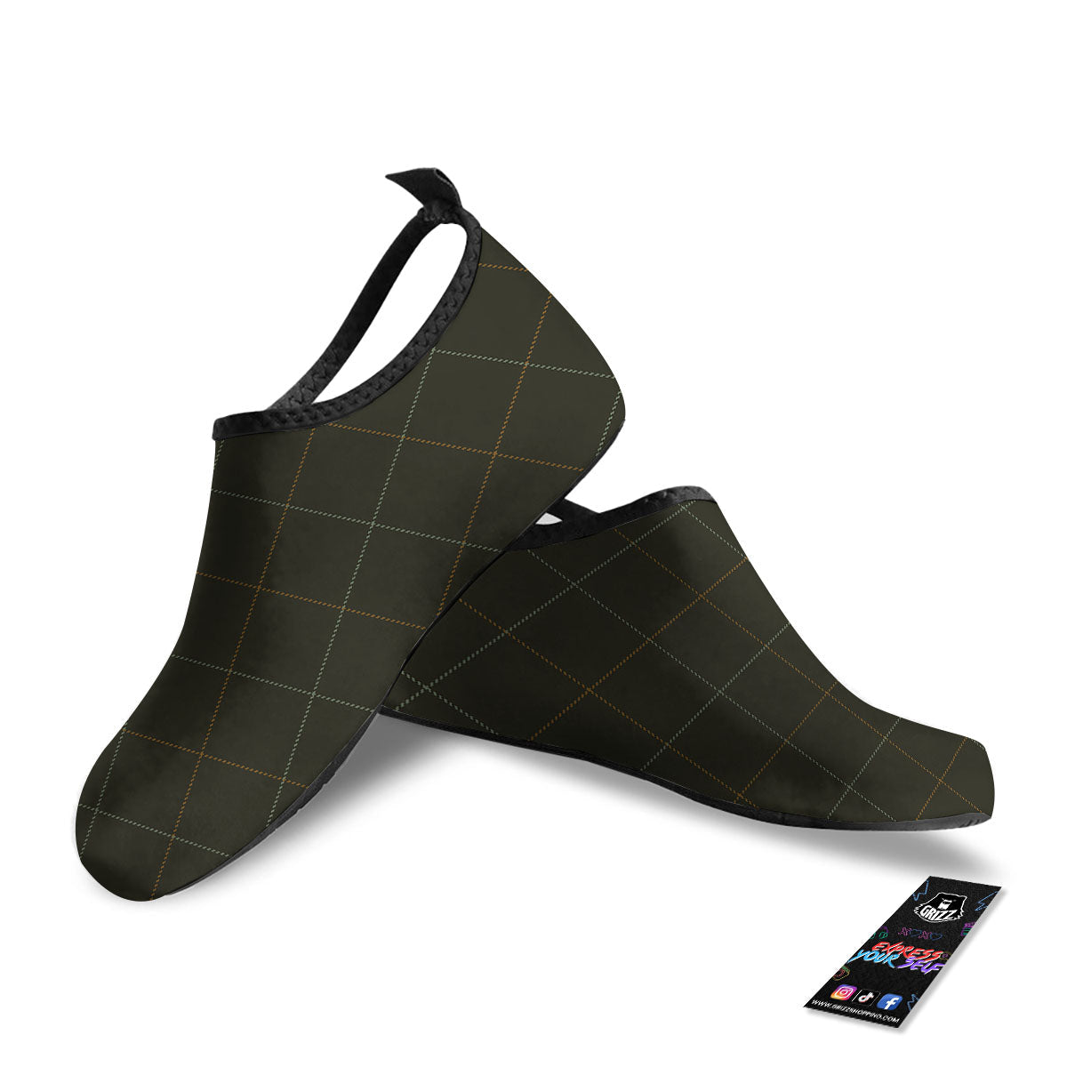Dark Green Tattersall Print Pattern Water Shoes-grizzshop
