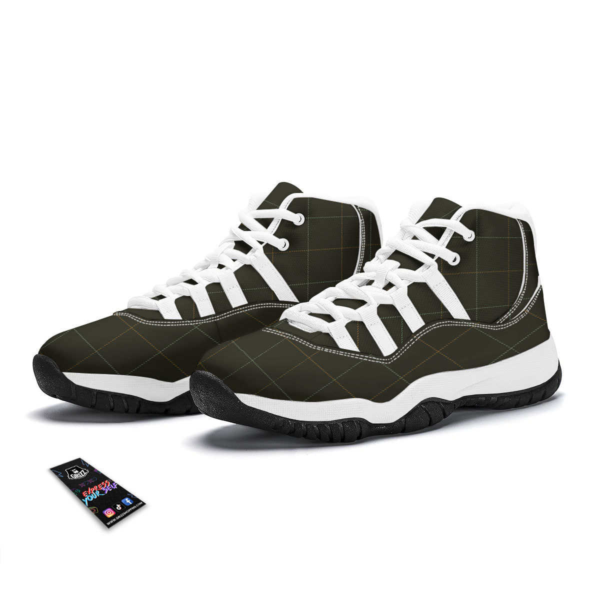 Dark Green Tattersall Print Pattern White Bball Shoes-grizzshop