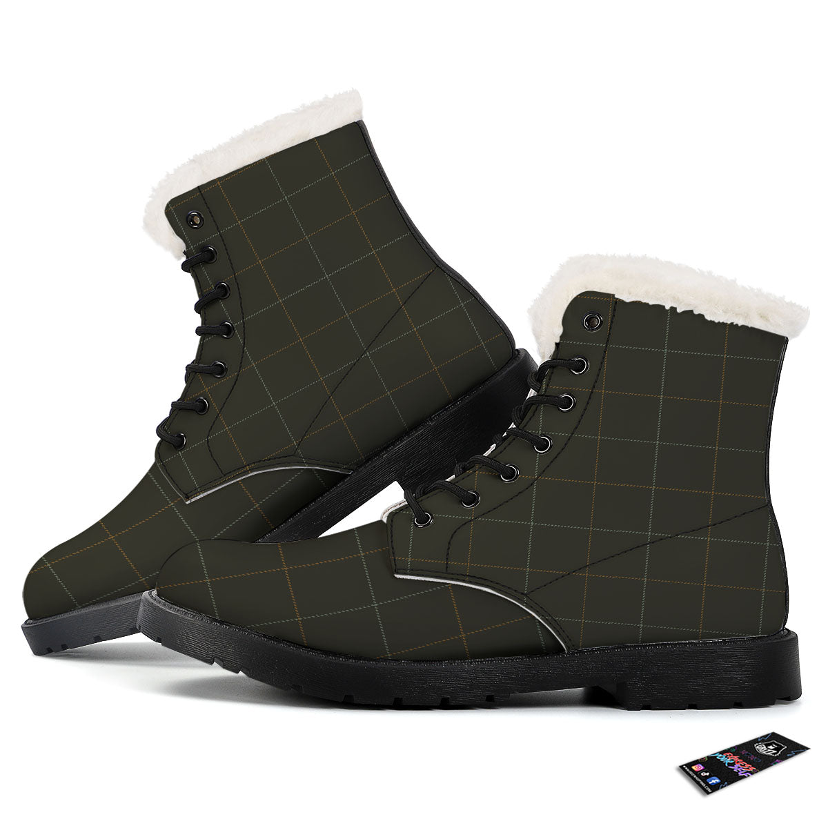 Dark Green Tattersall Print Pattern Winter Boots-grizzshop