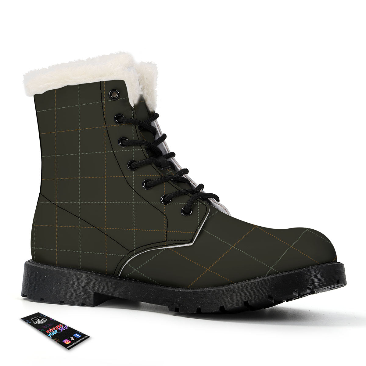 Dark Green Tattersall Print Pattern Winter Boots-grizzshop
