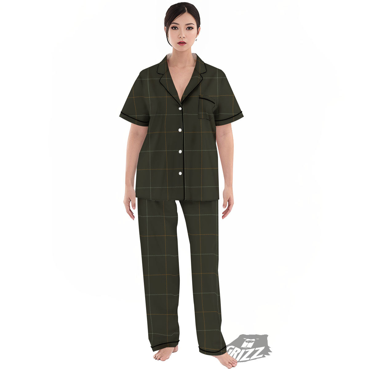 Dark Green Tattersall Print Pattern Women's Pajamas Set-grizzshop