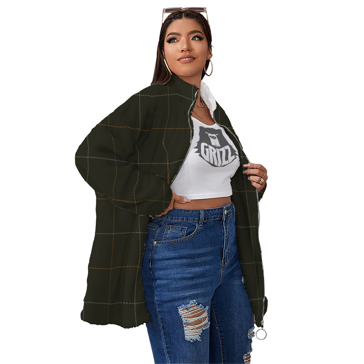 Dark Green Tattersall Print Pattern Women's Sherpa Jacket-grizzshop