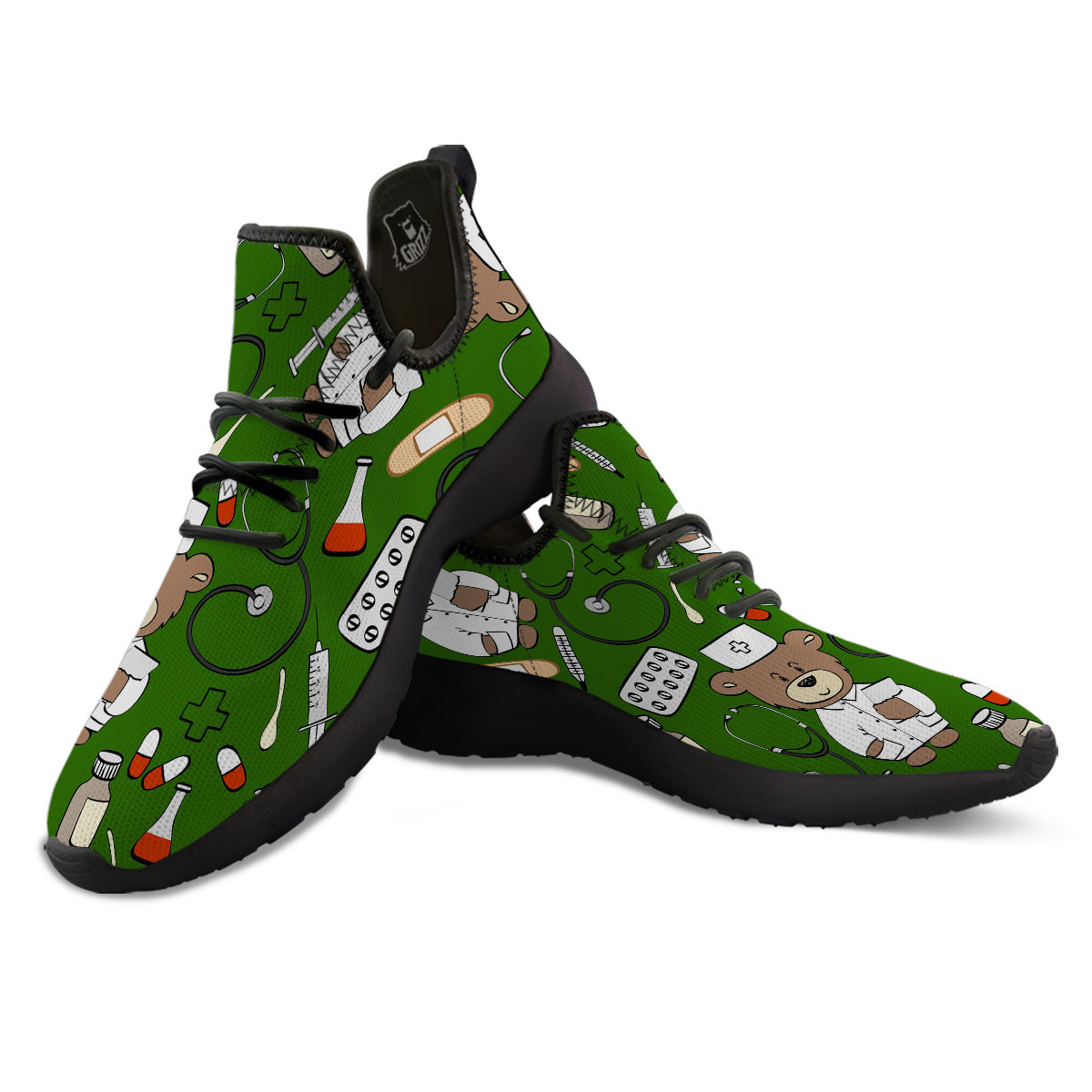 Dark Green Teddy Bear Nurse Black Athletic Shoes-grizzshop