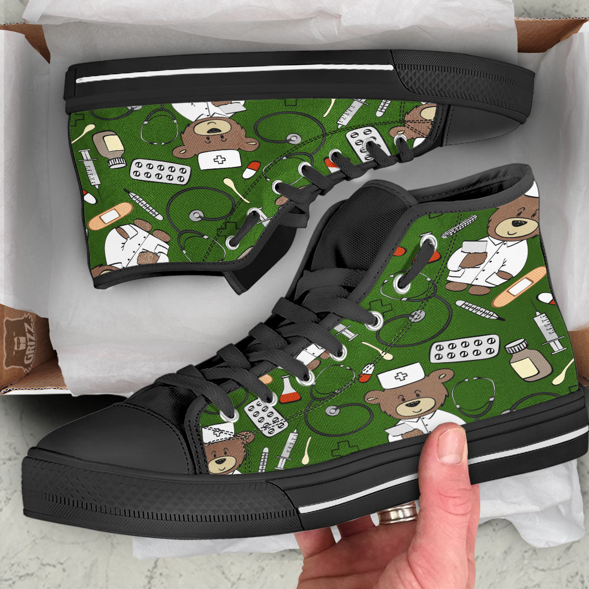 Dark Green Teddy Bear Nurse Black High Top Shoes-grizzshop