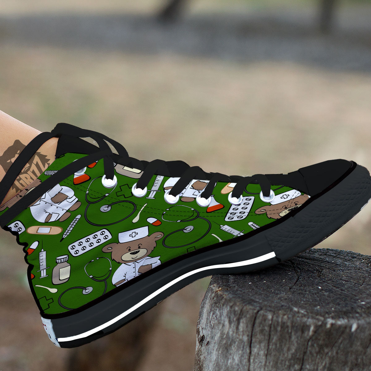 Dark Green Teddy Bear Nurse Black High Top Shoes-grizzshop