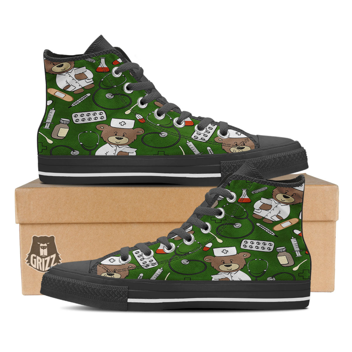 Dark Green Teddy Bear Nurse Black High Top Shoes-grizzshop