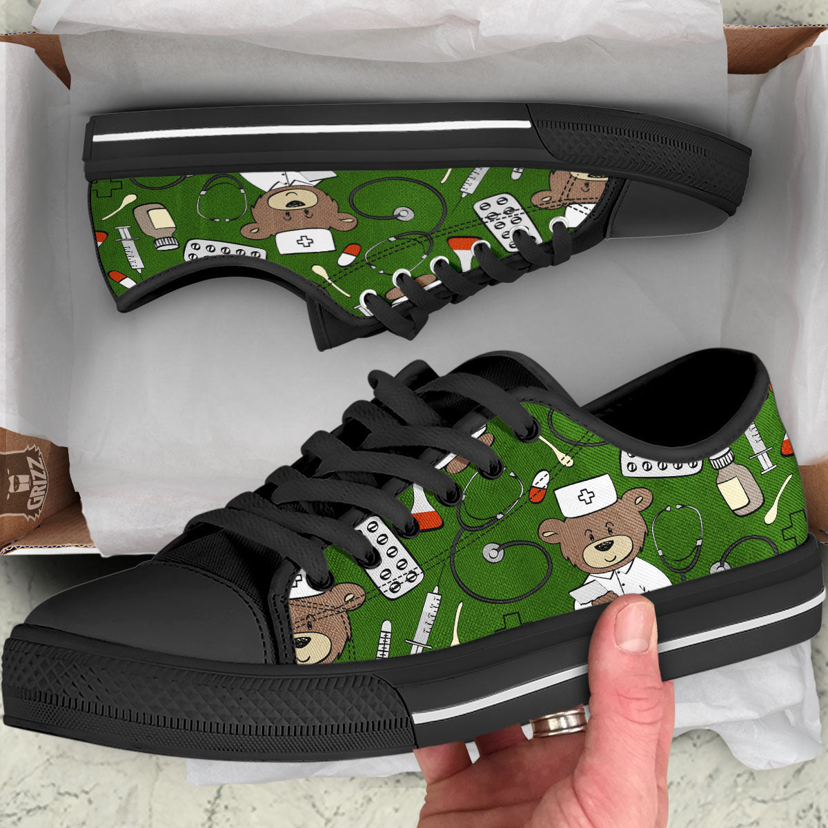 Dark Green Teddy Bear Nurse Black Low Top Shoes-grizzshop