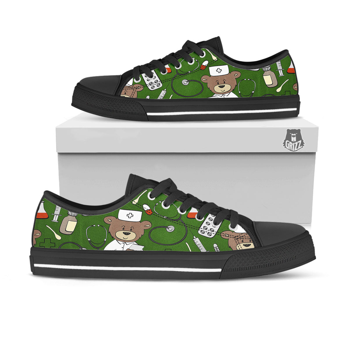 Dark Green Teddy Bear Nurse Black Low Top Shoes-grizzshop