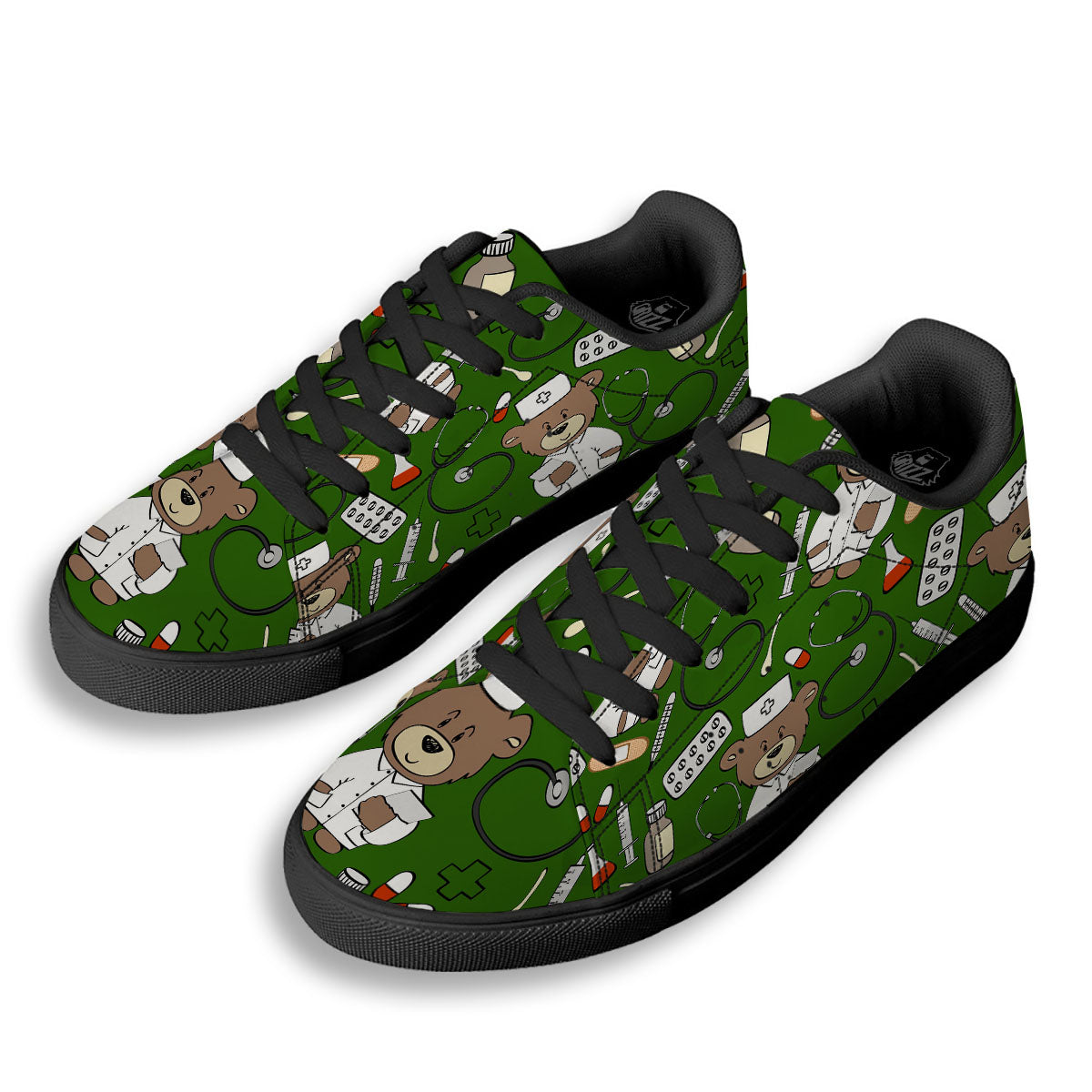 Dark Green Teddy Bear Nurse Black Low Top Sneakers-grizzshop