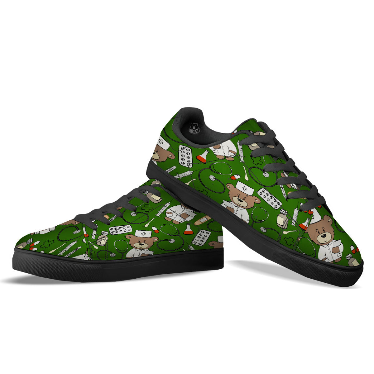 Dark Green Teddy Bear Nurse Black Low Top Sneakers-grizzshop