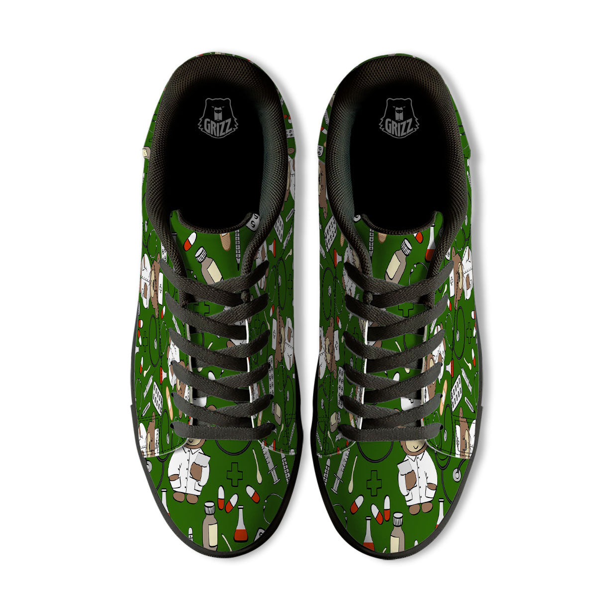Dark Green Teddy Bear Nurse Black Low Top Sneakers-grizzshop