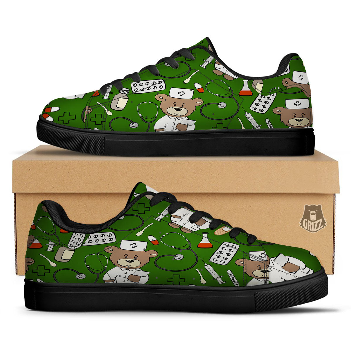 Dark Green Teddy Bear Nurse Black Low Top Sneakers-grizzshop