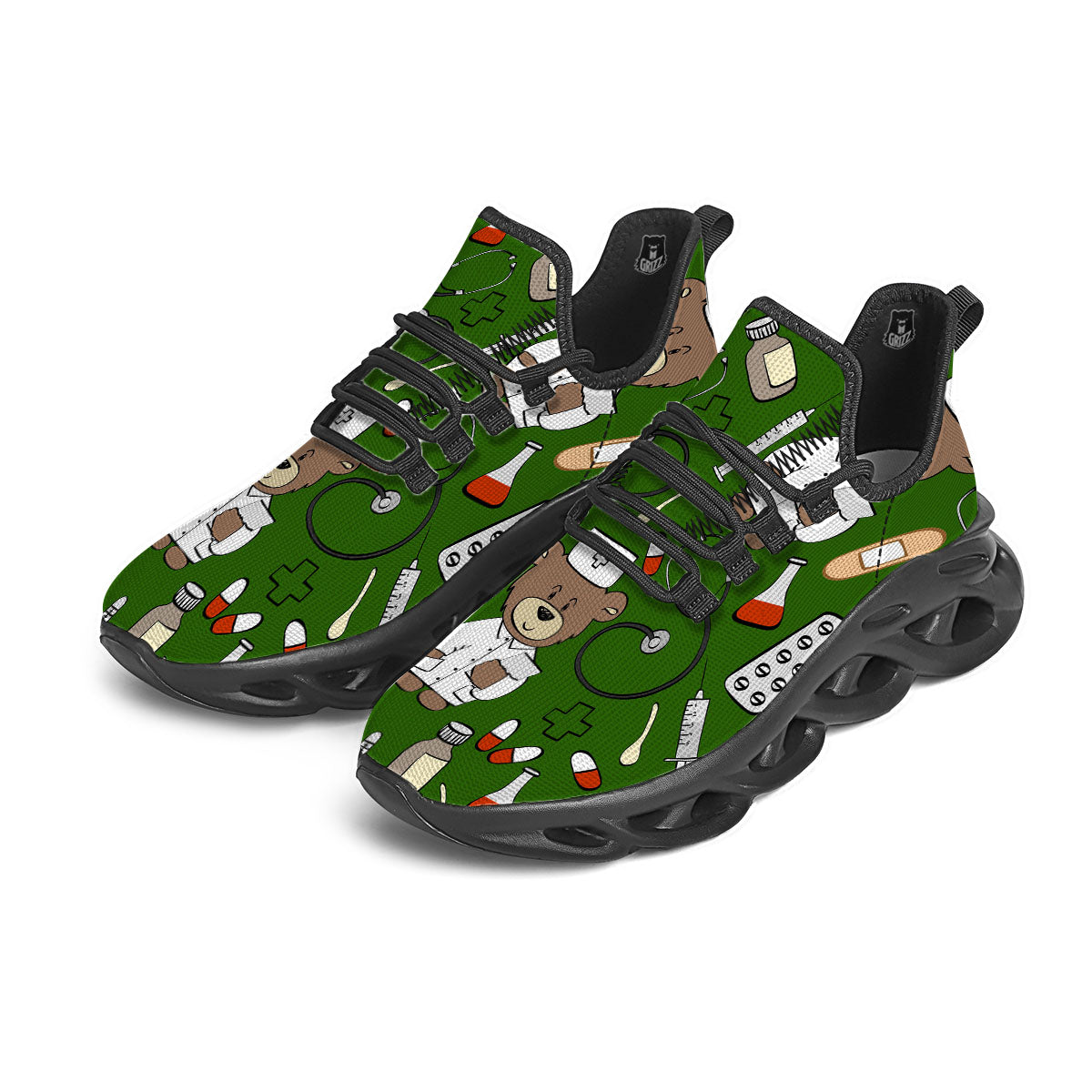 Dark Green Teddy Bear Nurse Black Running Shoes-grizzshop