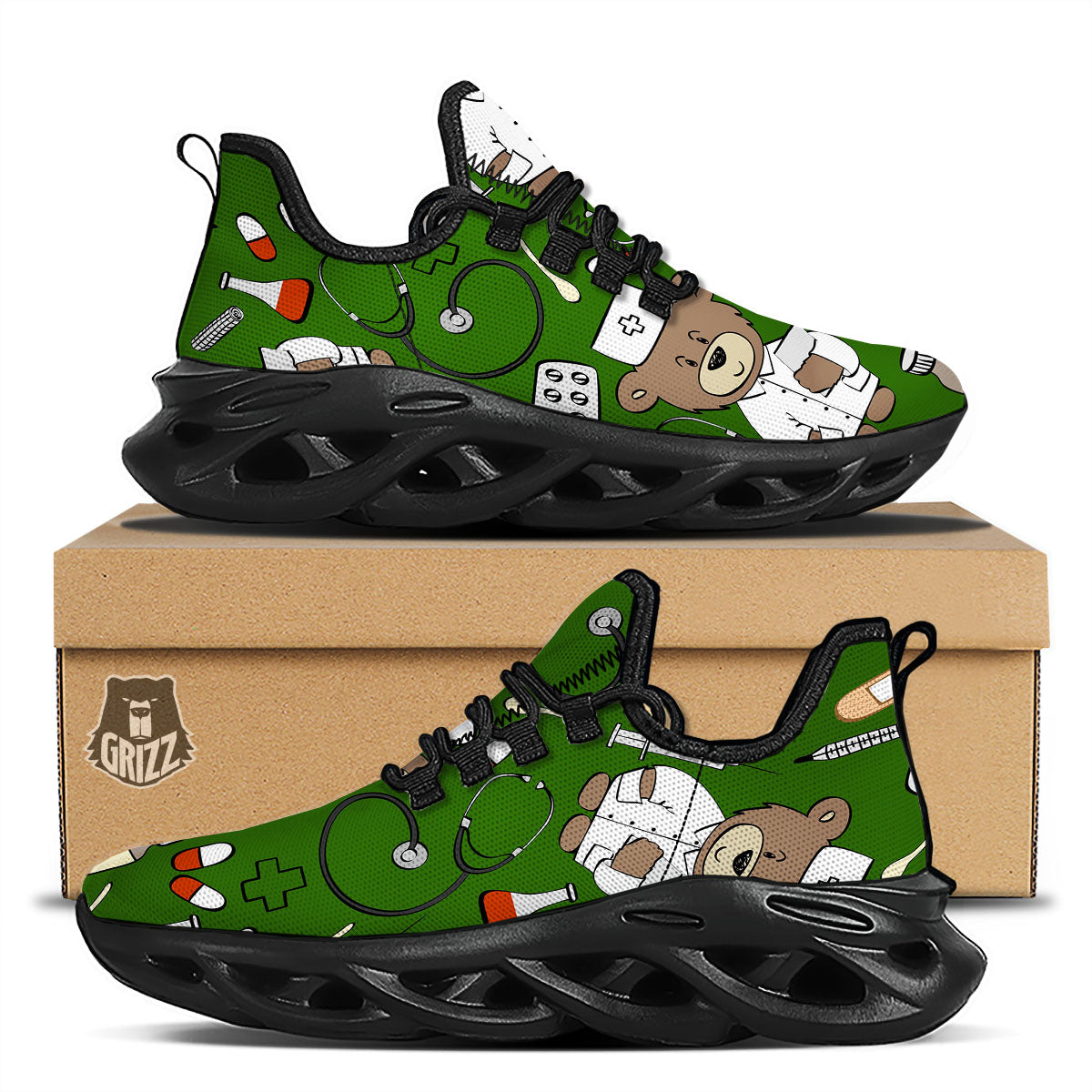 Dark Green Teddy Bear Nurse Black Running Shoes-grizzshop