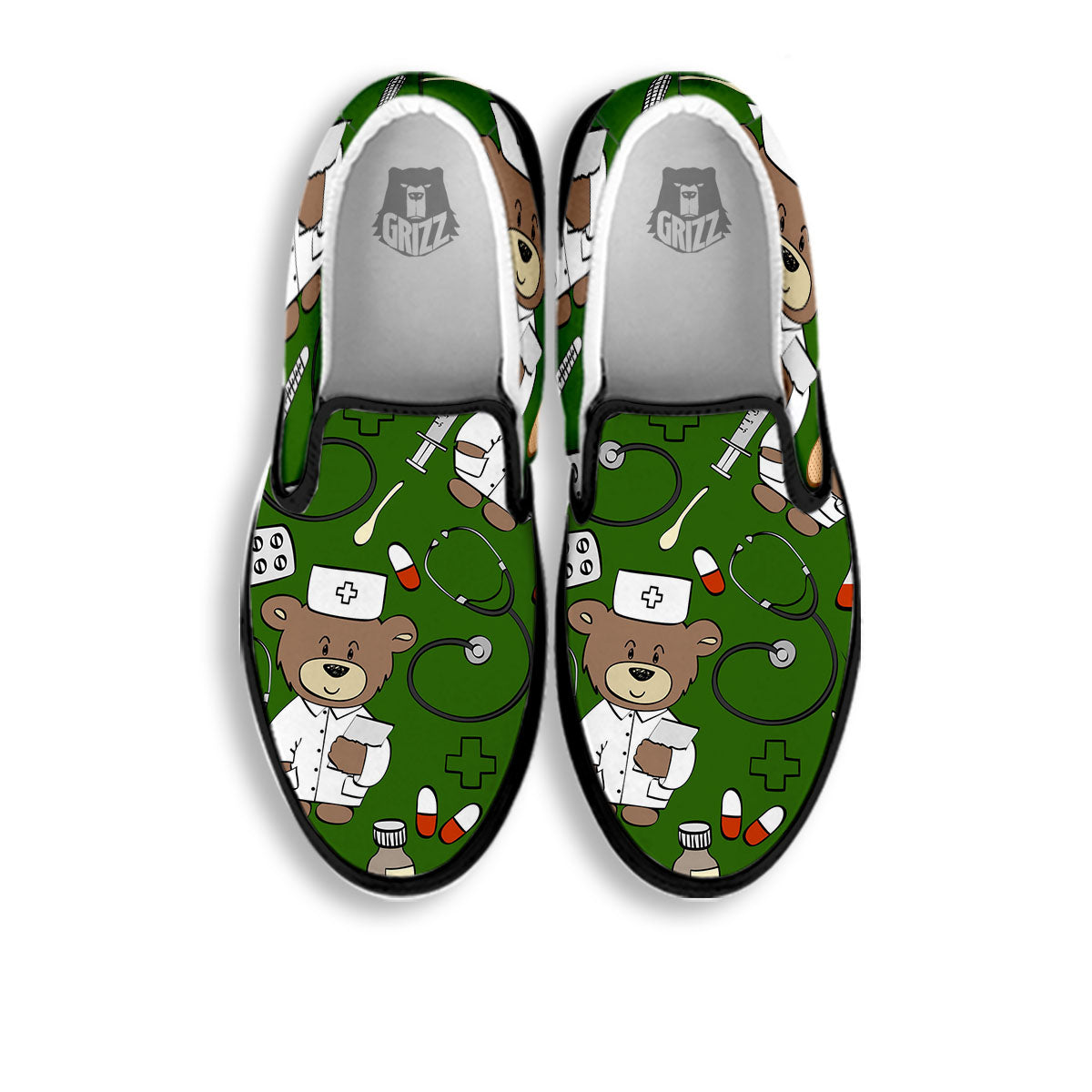 Dark Green Teddy Bear Nurse Black Slip On Shoes-grizzshop