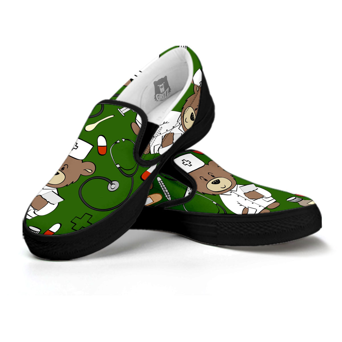 Dark Green Teddy Bear Nurse Black Slip On Shoes-grizzshop
