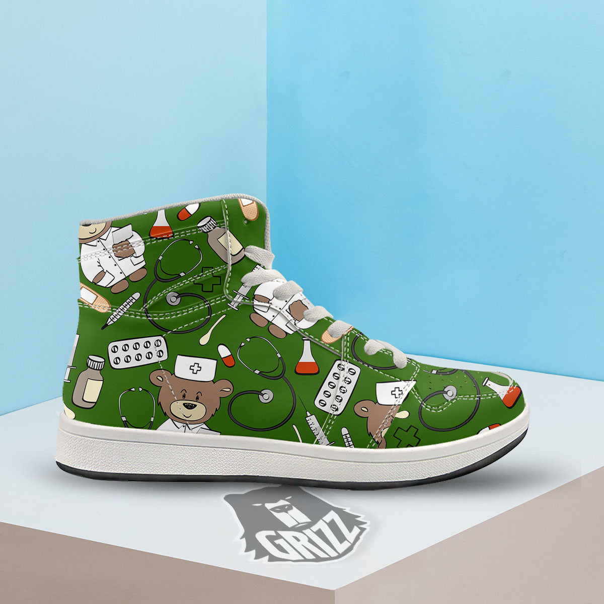 Dark Green Teddy Bear Nurse High Top Sneakers-grizzshop