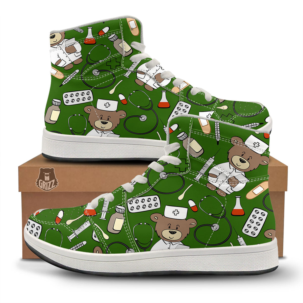 Dark Green Teddy Bear Nurse High Top Sneakers-grizzshop