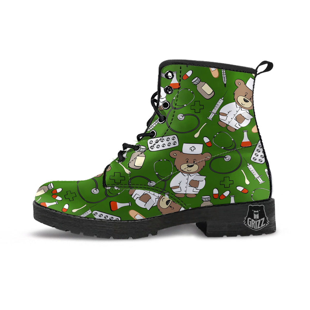 Dark Green Teddy Bear Nurse Leather Boots-grizzshop