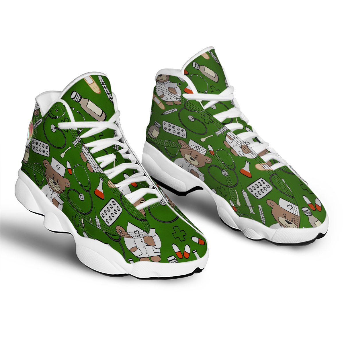 Dark Green Teddy Bear Nurse White Basketball Shoes-grizzshop