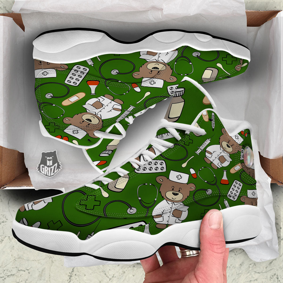 Dark Green Teddy Bear Nurse White Basketball Shoes-grizzshop