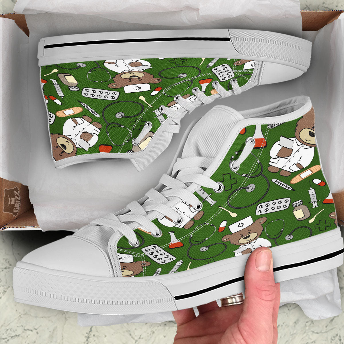 Dark Green Teddy Bear Nurse White High Top Shoes-grizzshop