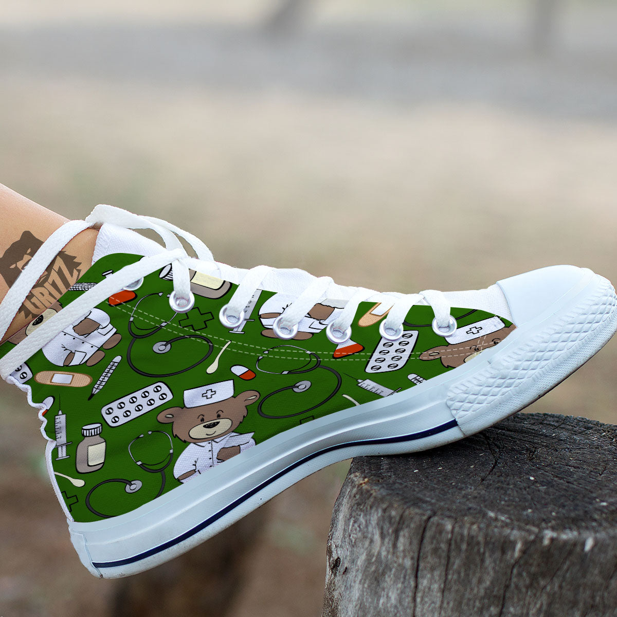 Dark Green Teddy Bear Nurse White High Top Shoes-grizzshop