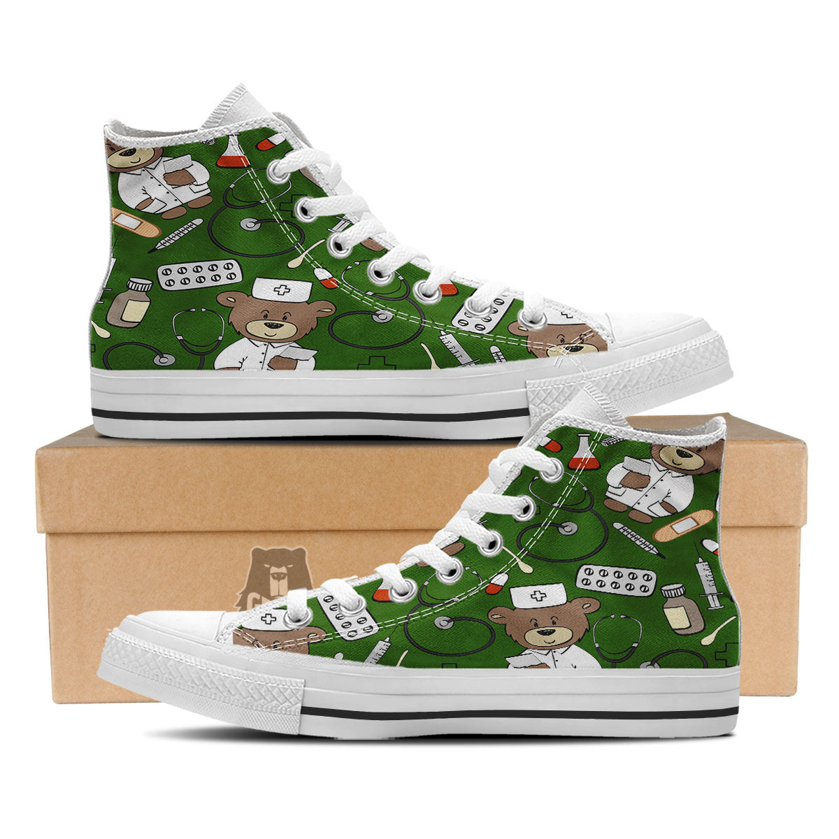 Dark Green Teddy Bear Nurse White High Top Shoes-grizzshop