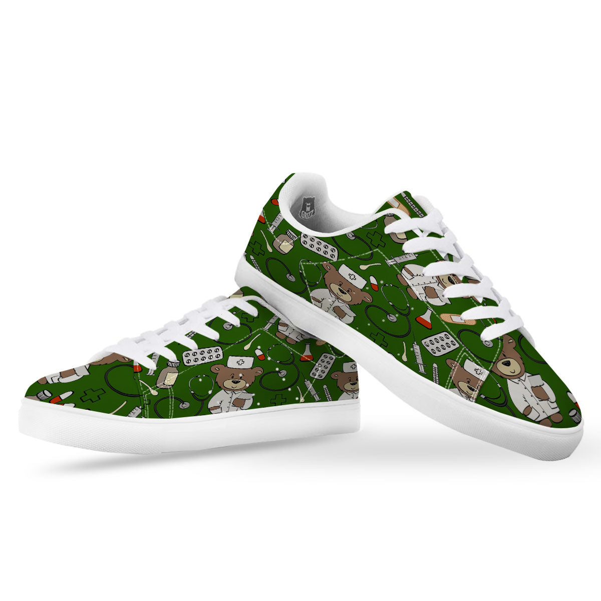 Dark Green Teddy Bear Nurse White Low Top Sneakers-grizzshop