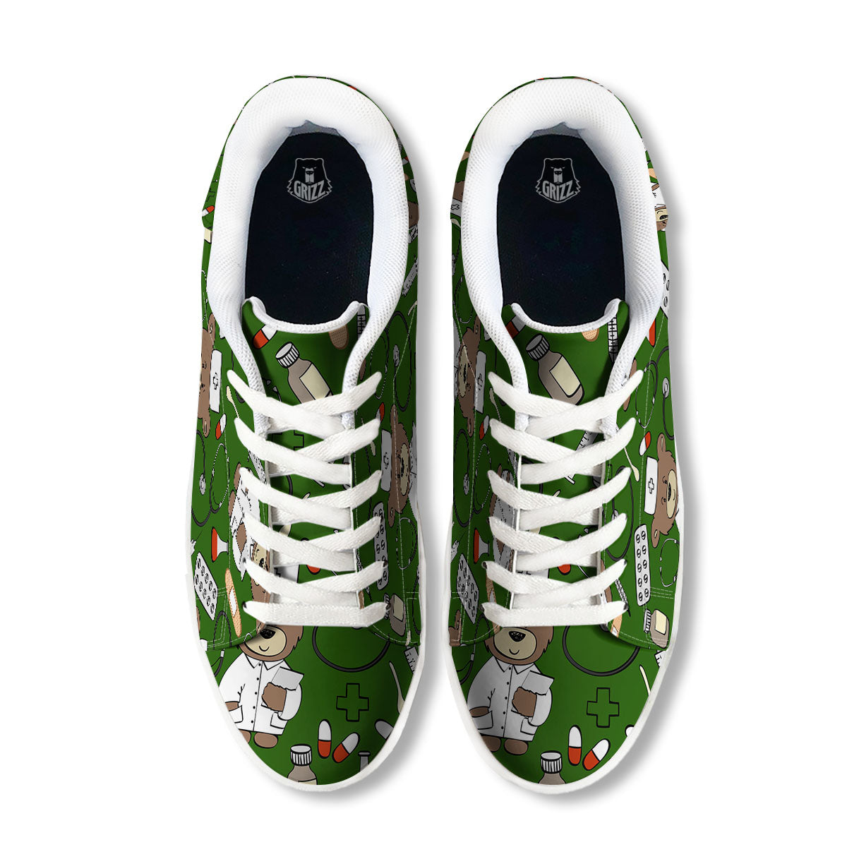 Dark Green Teddy Bear Nurse White Low Top Sneakers-grizzshop