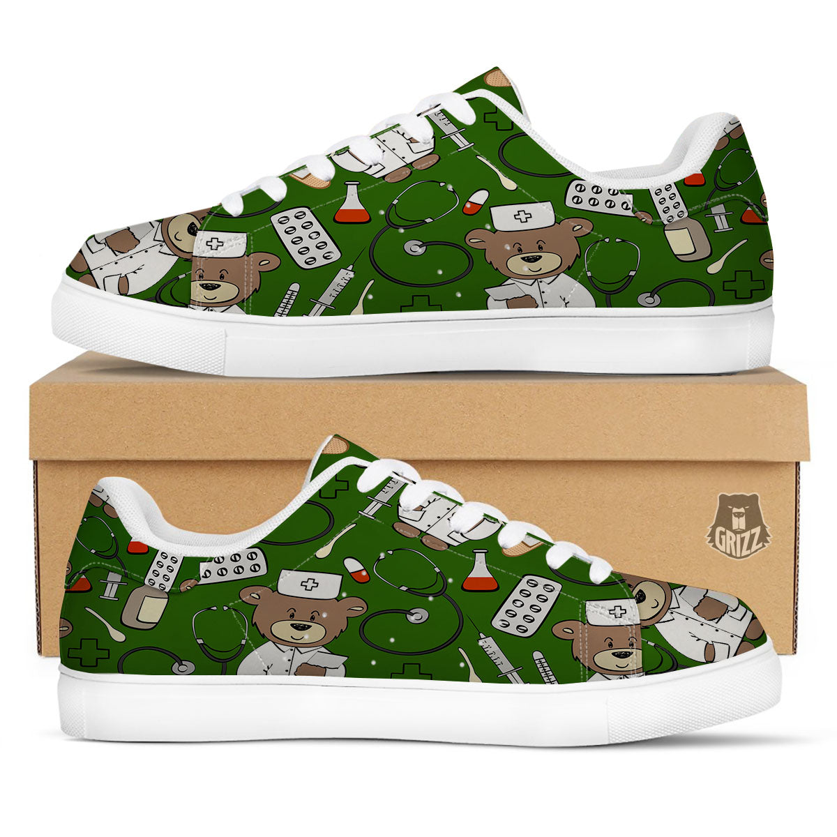 Dark Green Teddy Bear Nurse White Low Top Sneakers-grizzshop