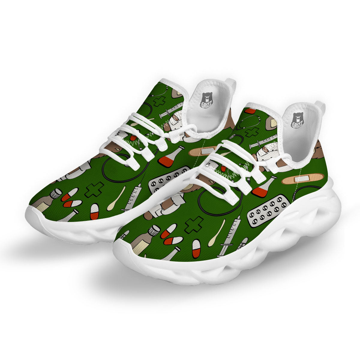 Dark Green Teddy Bear Nurse White Running Shoes-grizzshop