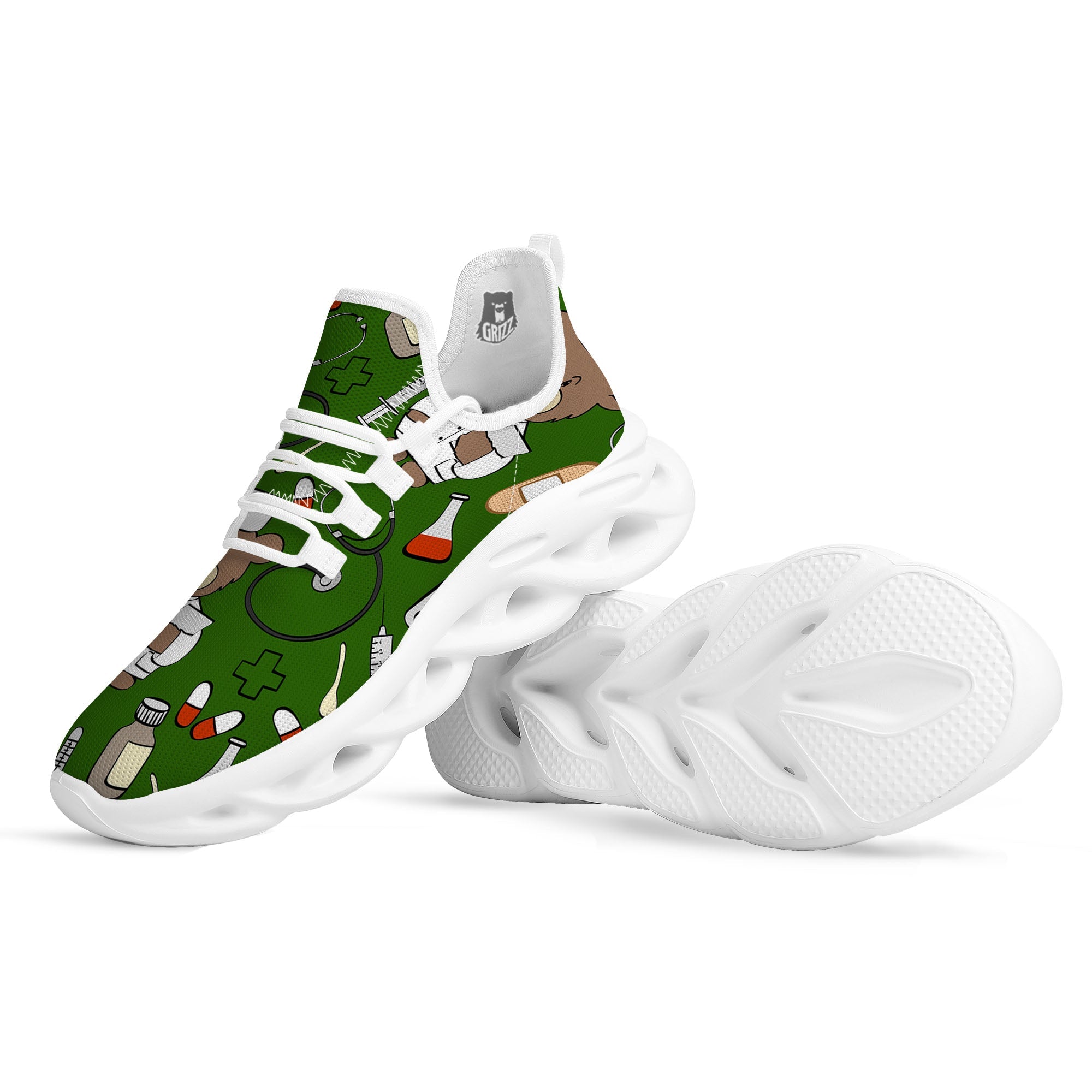 Dark Green Teddy Bear Nurse White Running Shoes-grizzshop