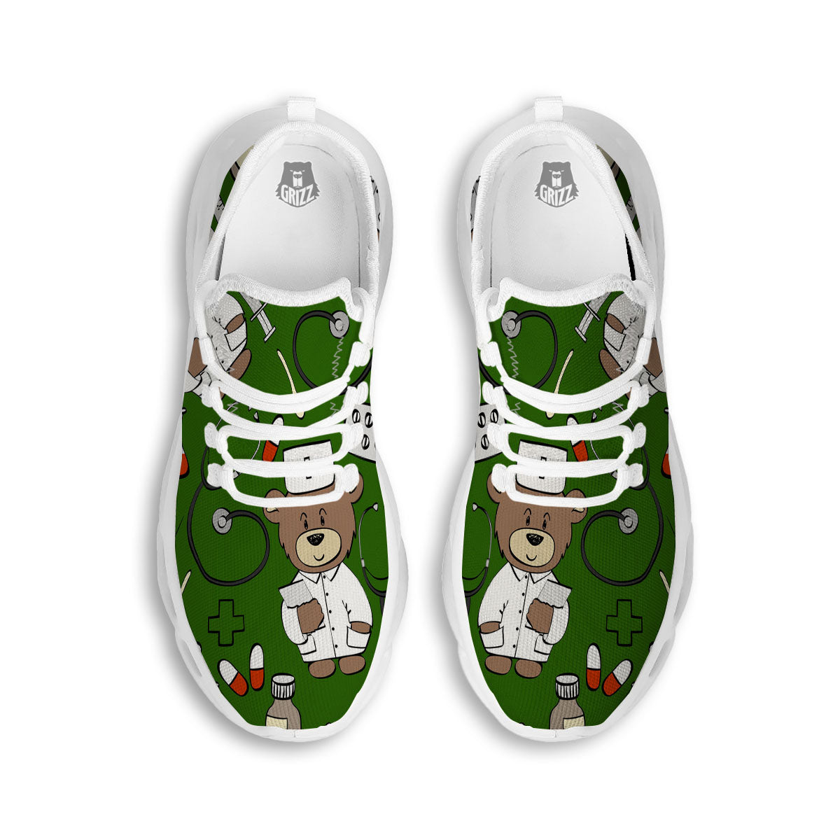 Dark Green Teddy Bear Nurse White Running Shoes-grizzshop