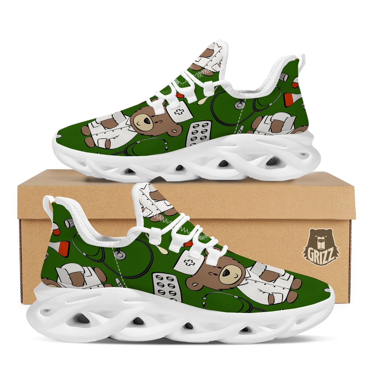 Dark Green Teddy Bear Nurse White Running Shoes-grizzshop