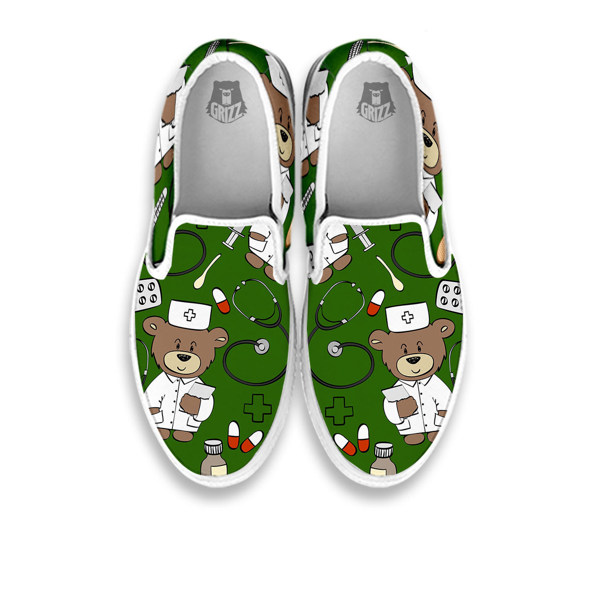 Dark Green Teddy Bear Nurse White Slip On Shoes-grizzshop