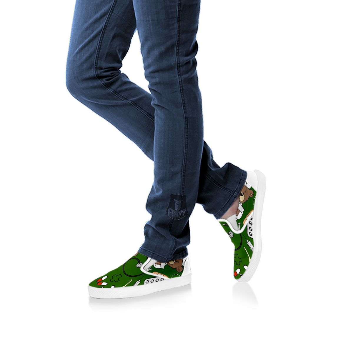 Dark Green Teddy Bear Nurse White Slip On Shoes-grizzshop