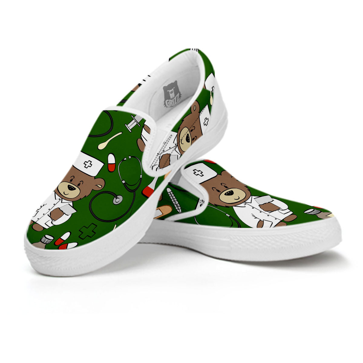 Dark Green Teddy Bear Nurse White Slip On Shoes-grizzshop